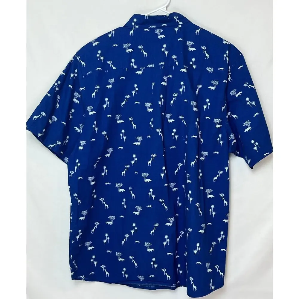 LRG Men’s XL Blue/White Safari Print Short Sleeve Button-Front Shirt Streetwear